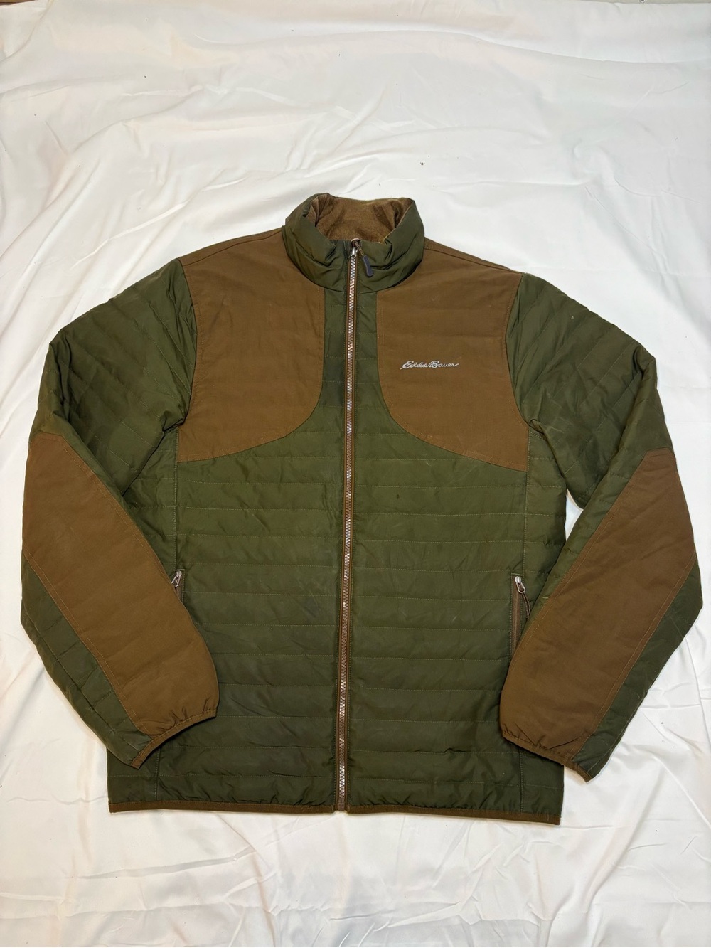 Eddie Bauer MicroTherm StormDown Field Jacket Two Tone Olive Green Ripstop Brown